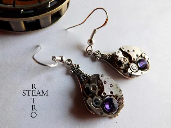 Steampunk purple lila Earrings Steamretro -Steampunk Jewellery by Steamretro -personalized jewelry by SteamRetro steampunk buy now online
