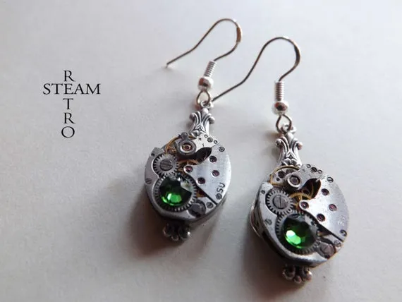 Steampunk Silver Green Earrings Steamretro -Steampunk Jewellery by Steamretro - Christmas gift by SteamRetro steampunk buy now online