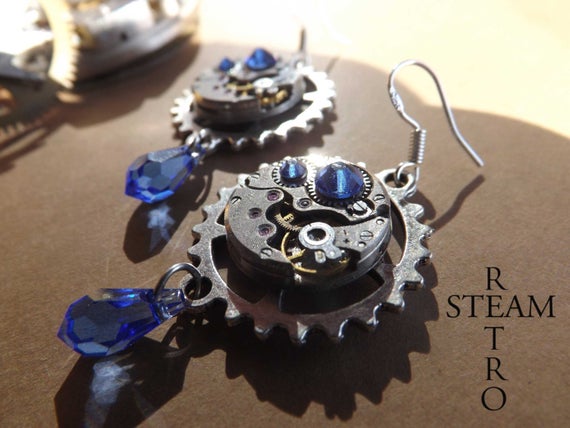 Steampunk - steampunk earrings - earrings - Vintage earrings - Saphire Swarovski Steampunk Earrings - Steampunk Jewelery - gothic earrings by SteamRetro steampunk buy now online