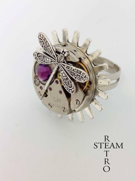 steampunk - steampunk ring - dragonfly - steampunk dragonfly ring- Febuary birthstone ring - steampunk jewellery - firefly ring - Amethyst by SteamRetro steampunk buy now online