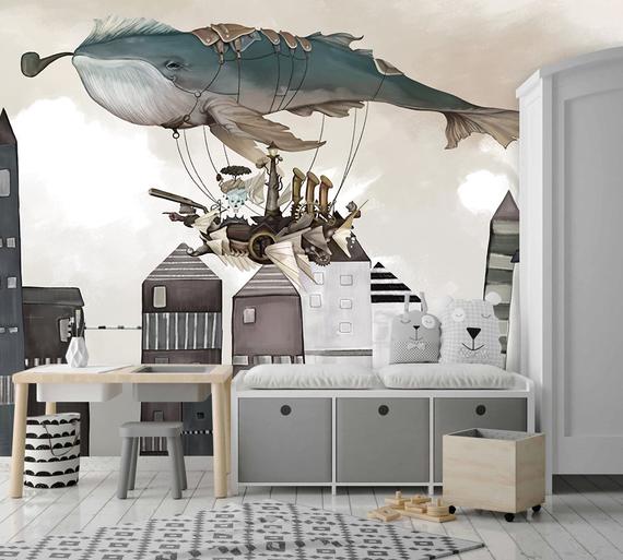 Steampunk Theme Whale Aircraft And City Wallpaper Popular Art Wall Poster Nursery Teenage Room Trendy Wall Mural by FourWall steampunk buy now online