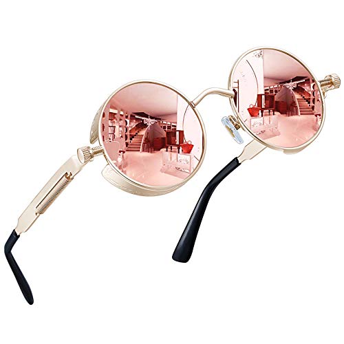 Joopin Retro Polarised Steampunk Sunglasses Round Mirrored lens Metal Circle Vintage Sunglasses for Men and Women(Retro Pink) steampunk buy now online