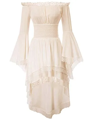 KANCY KOLE Women Gothic Steampunk Retro Bell Sleeve Victorian Lace-up Ruffled Long Dress Apricot(89-3) XL steampunk buy now online