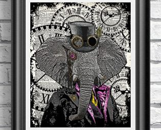 Steampunk Elephant, Poster Print on Antique Dictionary book page, wall decor, Home decor, unique gift, pink flamingo steampunk buy now online
