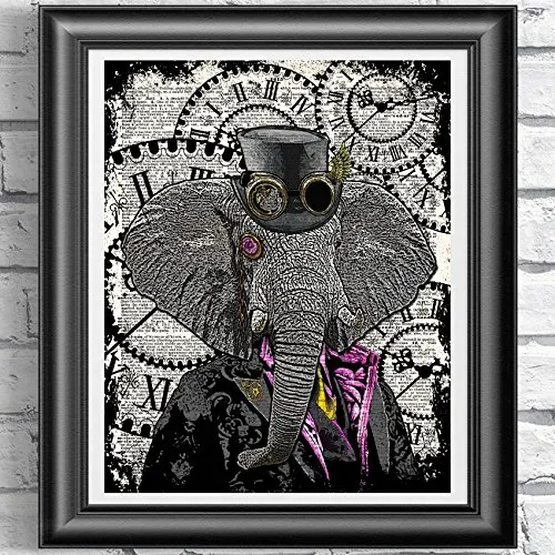 Steampunk Elephant, Poster Print on Antique Dictionary book page, wall decor, Home decor, unique gift, pink flamingo steampunk buy now online