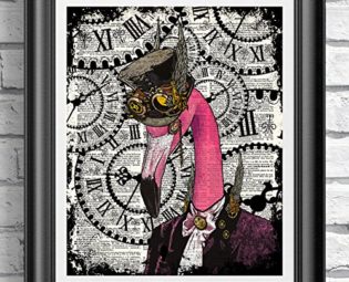 Steampunk Flamingo, Poster Print on Antique Dictionary book page, wall decor, Home decor, unique gift, pink flamingo steampunk buy now online