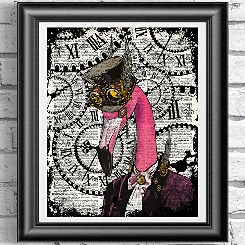 Steampunk Flamingo, Poster Print on Antique Dictionary book page, wall decor, Home decor, unique gift, pink flamingo steampunk buy now online