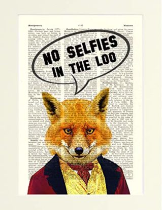 Heart n Home Funny Toilet Sign Steampunk Fox Animal No Selfies in Loo. Dictionary Art Print. A Poster for the Bathroom or Toilet printed on a Vintage Book Page. Mounted ready to fit an A4 Frame steampunk buy now online