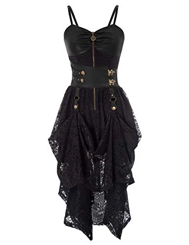 SCARLET DARKNESS Women Slip Dress Gothic Steampunk PU Leather Lace High-Low Hem Zipper for Party Evening L Black steampunk buy now online