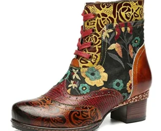 gracosy Ankle Boots Women Flat Leather Boots New Printing Retro Plant Bohemian Handmade Pattern Lace Up Low Block Heel Winter Autumn Side Zipper Shoes Lady Outdoor Round Toe Walking Brown 6.5 UK steampunk buy now online