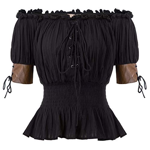 Belle Poque Women's Elastic Off Shoulder Lace-Up Front Smocked Waist Tops Black Size L steampunk buy now online
