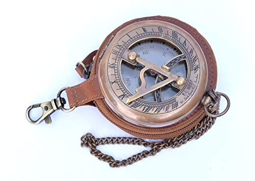 NEOVIVID Brass Sundial Compass With Leather Case And Chain - Push Open Compass - Steampunk Accessory - Antiquated Finish - Sundial Clock - Beautiful Handmade Gift (Brass and Leather) steampunk buy now online