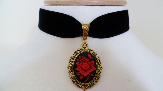 Black Velvet red rose Choker, Rose cameo choker Pagan Gothic necklace ...