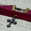Burgandy velvet ribbon choker with dark patina cross and oxidized brass findings by VintageBlingJewelry steampunk buy now online