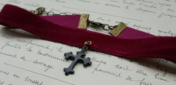 Burgandy velvet ribbon choker with dark patina cross and oxidized brass findings by VintageBlingJewelry steampunk buy now online Burgandy velvet ribbon choker with dark patina cross and oxidized brass findings by VintageBlingJewelry steampunk buy now online