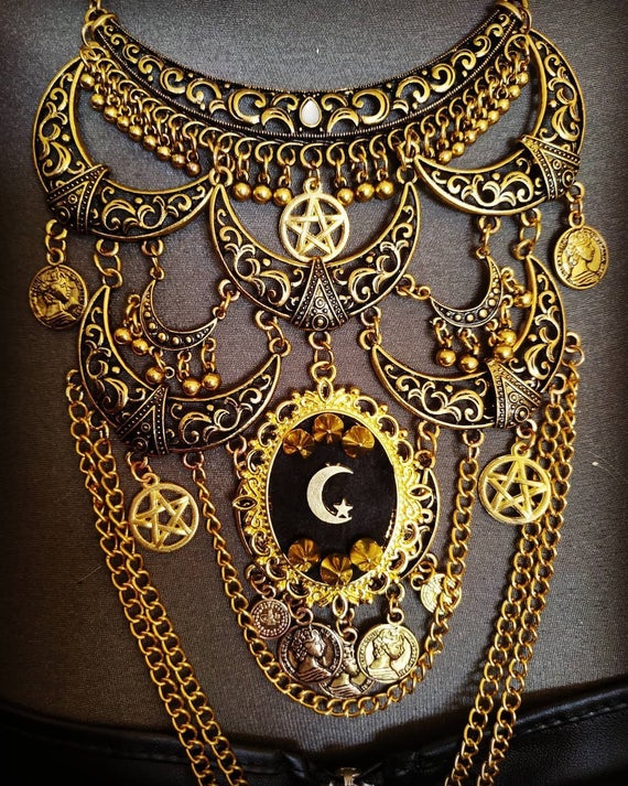 Golden moon plastron silver maxi necklace goth Moon by wonderlandmc steampunk buy now online