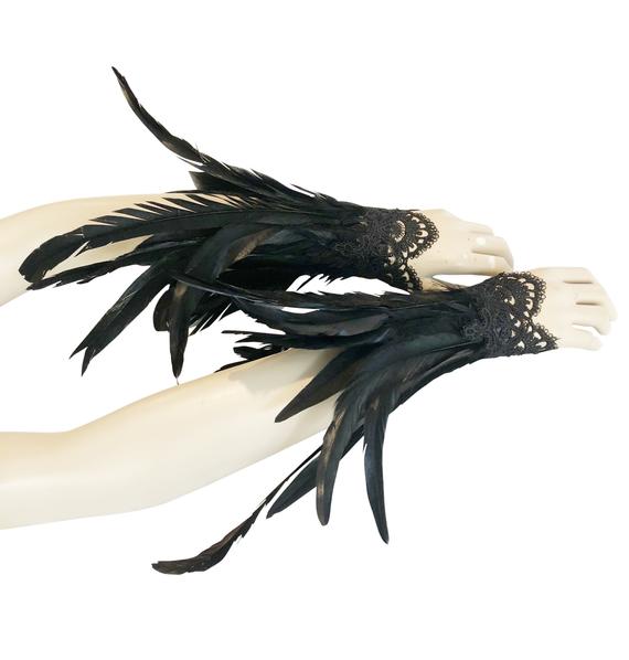 Gothic Black Feather Wrist Cuffs Victorian Burlesque feathers Halloween costume feather wrist bands gauntlets feather gloves by ShelovesAccessories steampunk buy now online