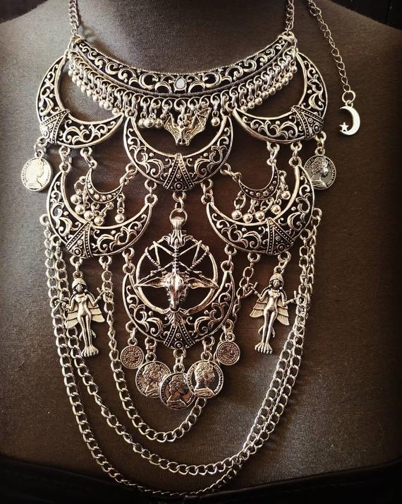 Silver moon plastron necklace goth Lilith Ishtar by wonderlandmc steampunk buy now online