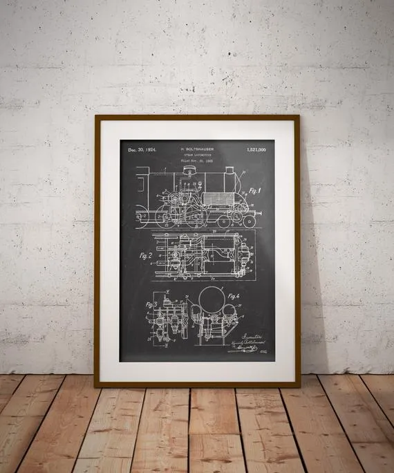 Steam Locomotive Patent Print, Locomotive 1924 Blueprint, Vintage Railway Poster, Train Enthusiast Wall Art, Man Cave Decor, Rail Transport by InkedPatentPrints steampunk buy now online