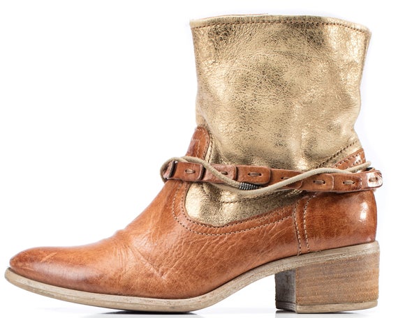 US 7 MJUS Ankle Boots Y2K Gold Brown Leather Chelsea Western Strap Boots Vintage Double Strap Leather Half Booties Uk 4.5 Eur 37.5 by VintageShoes1000 steampunk buy now online