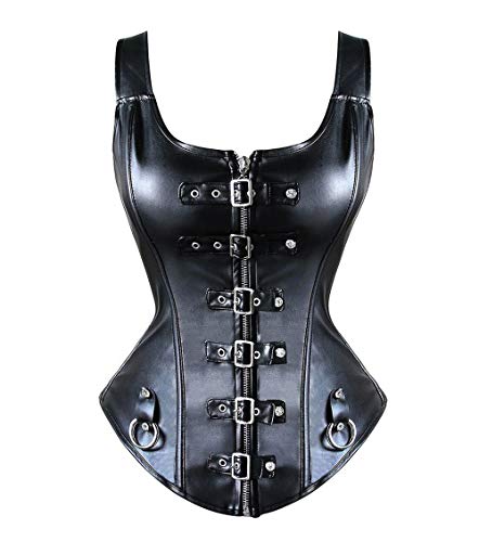 MISS MOLY Women’s Steampunk Corset Top Gothic PVC Cool-Style 12 Boned Overbust Bustier Neck Halter with Jacket Metal Buckle Black G-String 
