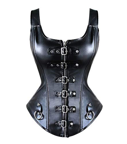 MISS MOLY Women’s Steampunk Corset Top Gothic PVC Cool-Style 12 Boned Overbust Bustier Neck Halter with Jacket Metal Buckle Black + G-String steampunk buy now online