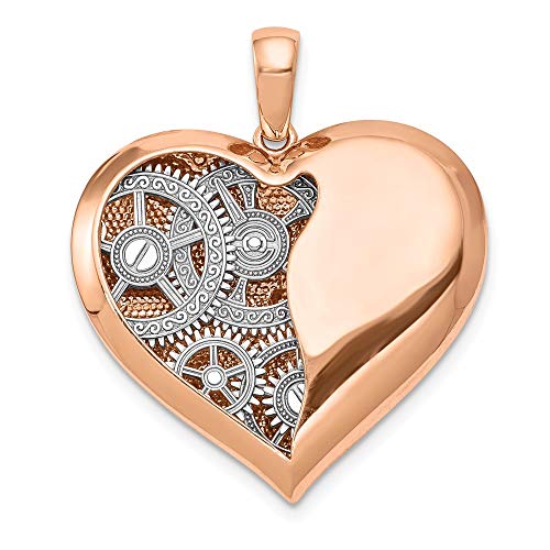 Black Bow Jewellery Company 14k White Gold and Rose Gold Polished Gears Inside Heart Pendant, 27mm steampunk buy now online