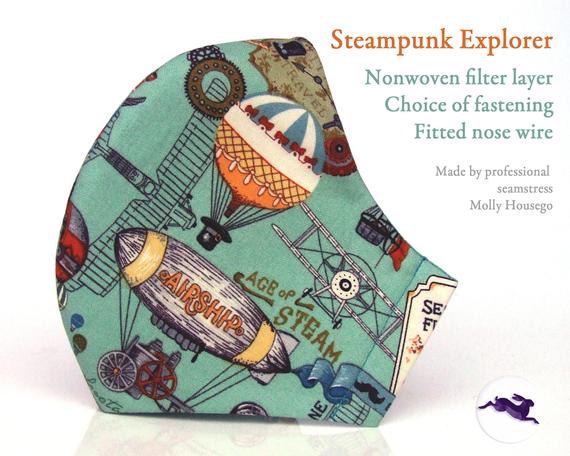 3ply UK Seamstress Face Mask - 100% Cotton, reusable & washable, adjustable fitted nose wire, nonwoven filter layer. Steampunk Explorer by PurpleHareDesigns steampunk buy now online