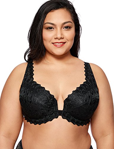Delimira Women's Plus Size Non-Padded Embroidered Front Hook Underwired Bra Black 40DD steampunk buy now online