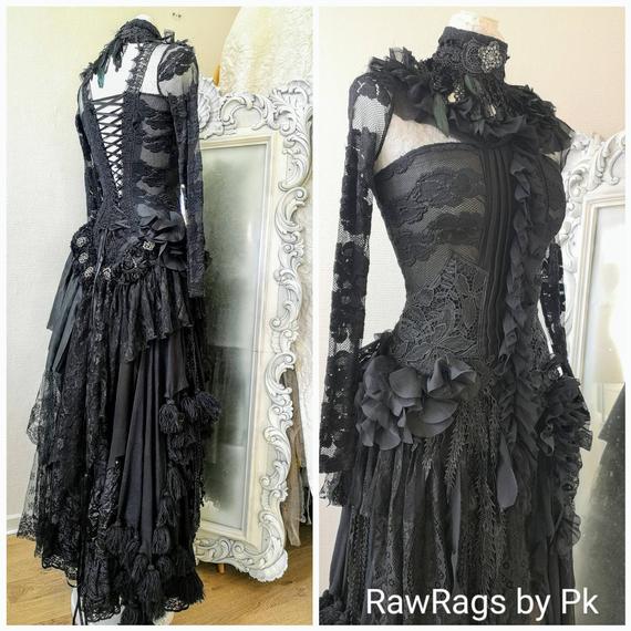 Black wedding dress for witches, halloween bridal gown vampire wedding dress, sexy black dress corset dress , Raw Rags by RAWRAGSbyPK steampunk buy now online