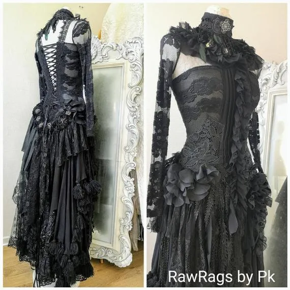 Black wedding dress for witches, halloween bridal gown vampire wedding dress, sexy black dress corset dress , Raw Rags by RAWRAGSbyPK steampunk buy now online