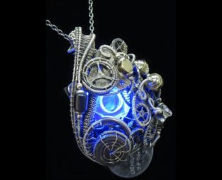 Blue LED Resin Nut Pendant with Upcycled Electronic and Watch Parts, Steampunk/Cyberpunk Fusion by HeatherJordanJewelry steampunk buy now online
