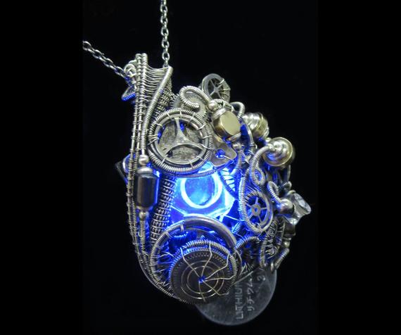 Blue LED Resin Nut Pendant with Upcycled Electronic and Watch Parts, Steampunk/Cyberpunk Fusion by HeatherJordanJewelry steampunk buy now online