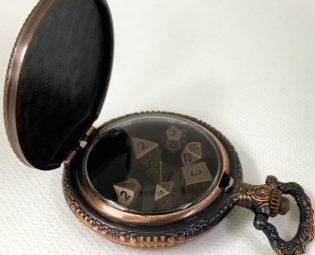 DnD Dice Copper Steampunk Style Pocket Watch Shell with 7-die Metal Micro Polyhedral Dice Set by DragonheartDesignsCA steampunk buy now online