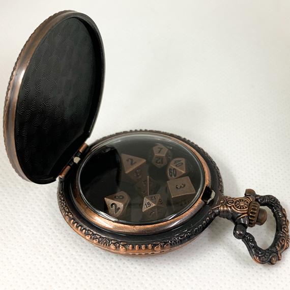 DnD Dice Copper Steampunk Style Pocket Watch Shell with 7-die Metal Micro Polyhedral Dice Set by DragonheartDesignsCA steampunk buy now online