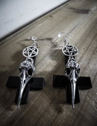 Earrings silver goth cross "666 666 Bird Skull" by wonderlandmc steampunk buy now online