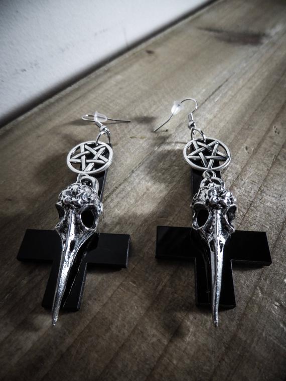 Earrings silver goth cross "666 666 Bird Skull" by wonderlandmc steampunk buy now online