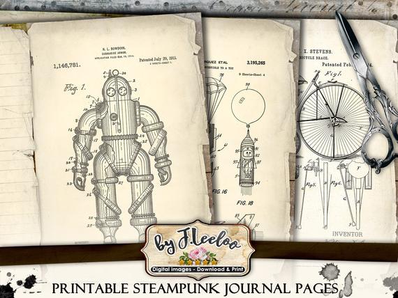 Printable JOURNAL PAGES steampunk papers 8.5x11 inch diary junk journal ephemera patent kit instant download pp469 by byJLeeloo steampunk buy now online