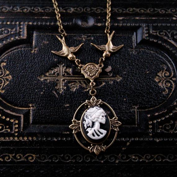 Skeleton Lady Cameo Necklace- Brass and Black by ragtrader steampunk buy now online