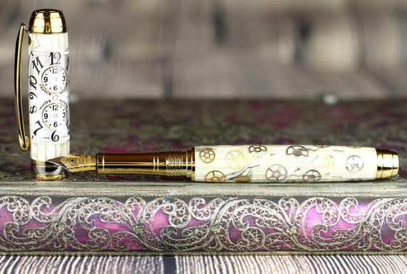 Steampunk Handmade Fountain Pen - Abalone & Watch Parts Body - Beaufort 23K Gold plated Bi-metal Nib - 18 Coat glass polish finish by BespokeFountainPens steampunk buy now online