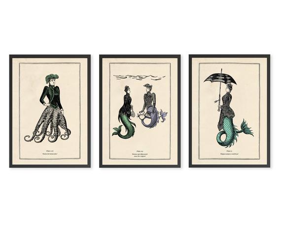 Surreal Gothic Mermaid Print Set, Set of 3 Vintage Prints, Steampunk Print Set, Octopus and Seahorse Prints by BrightBlueStar steampunk buy now online