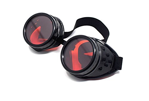 Ultra Black with Red Lenses Steampunk Goggles Mens Womens Cyber Glasses Victorian Punk Welding Cosplay Goggles Goth Rustic Rivet Round Eyewear Flying Goggles Fancy Dress Pilot Goggles steampunk buy now online