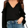 Blooming Jelly Women's Lace Chiffon Tops Tie V Neck Long Sleeve T Shirt Top Drawstring Loose Ruffle Blouse Black steampunk buy now online
