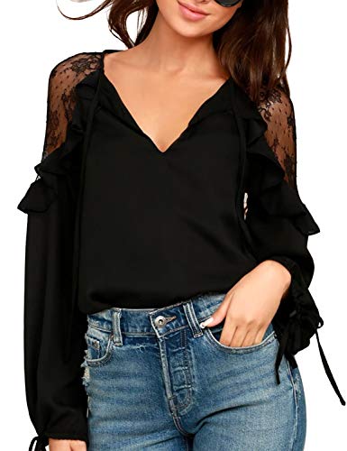 Blooming Jelly Women's Lace Chiffon Tops Tie V Neck Long Sleeve T Shirt Top Drawstring Loose Ruffle Blouse Black steampunk buy now online