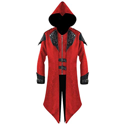 Hupoop_ Men Vintage Back Slit Tailcoat Gothic Steampunk Uniform Cosplay Hooded Jacket Sports Slim Fit Blouse (XL, Red) steampunk buy now online