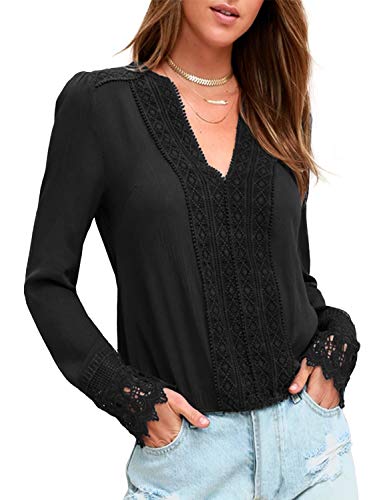BMJL Women's Deep V Neckline Lace Patchwork Top Long Sleeve Pullover Elegant Blouse for Women (Large, Black) steampunk buy now online