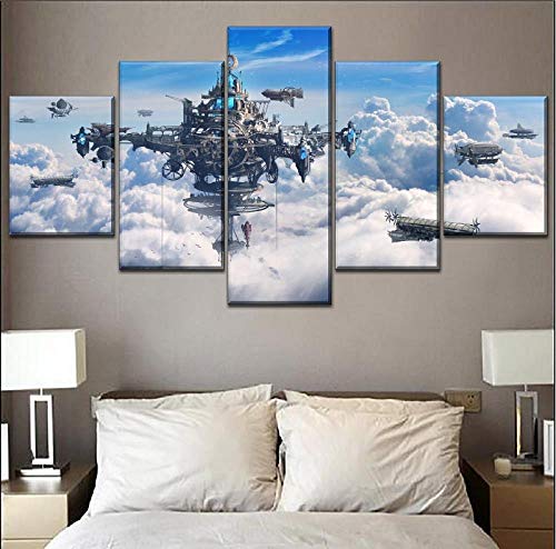 ZJJBH fresco 5 Pieces Of Mural Canvas Painting, Modular 150*80Cm Wall Art Home Decoration 5 Pieces Canvas Painting Modern Steampunk City And Airship Pictures Hd Print Blue Sky Boy Room Modular Poster steampunk buy now online