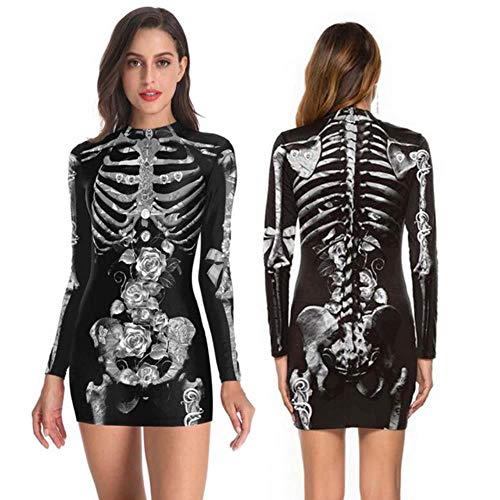 YUANCHENG Women Pencil Skull Printing O-Neck Casual Skeleton Halloween Slim-fit Dress,01,S steampunk buy now online