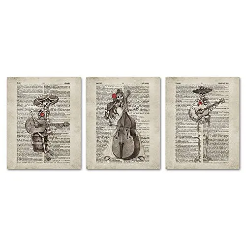 SUMGAR Day of The Dead Vintage Dictionary Page Art Prints Sugar Skeleton Music Party Unframed Posters Decoration Gifts Skull Theme Set 20x25cmx3 Pieces steampunk buy now online