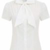 Belle Poque Retro Women Elegant Front Bow Knotting Buttons Short Sleeve T Shirt Top Ivory#819 S steampunk buy now online